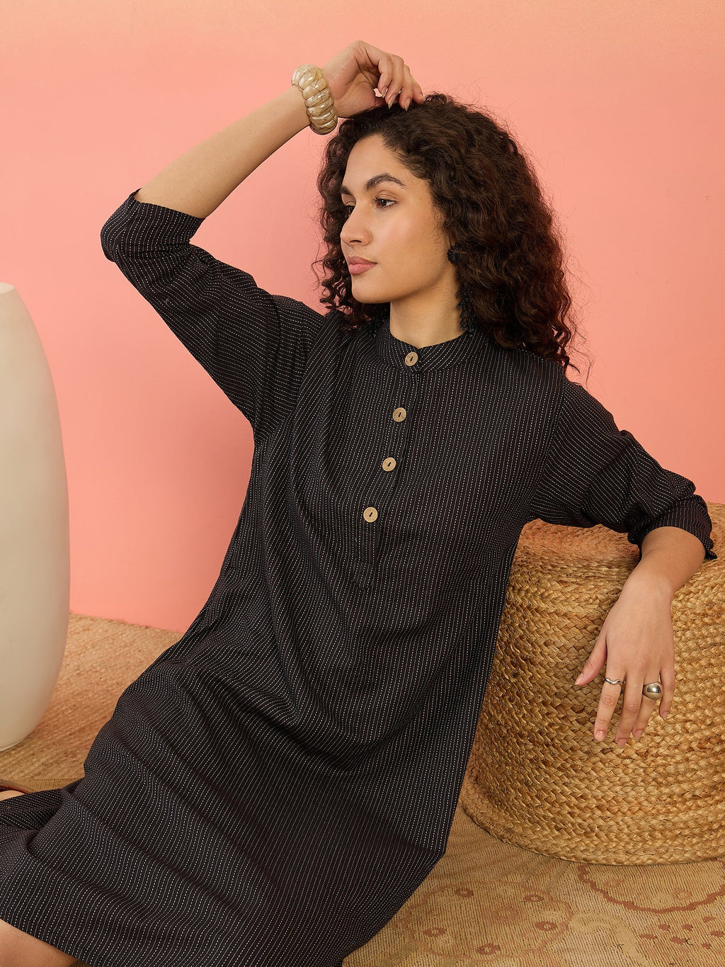 InWeave Black Kantha Mandarin Button Dress