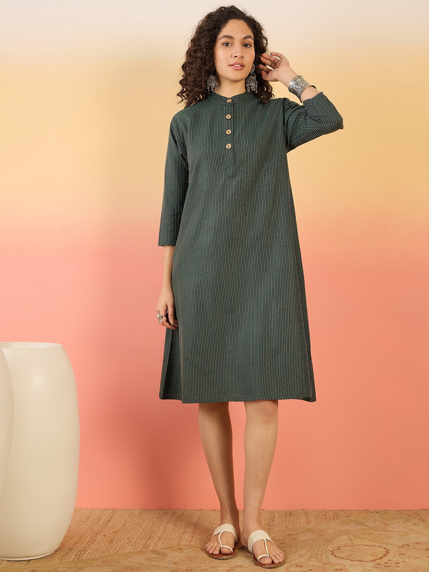 InWeave Dark Green Kantha Mandarin Button Dress