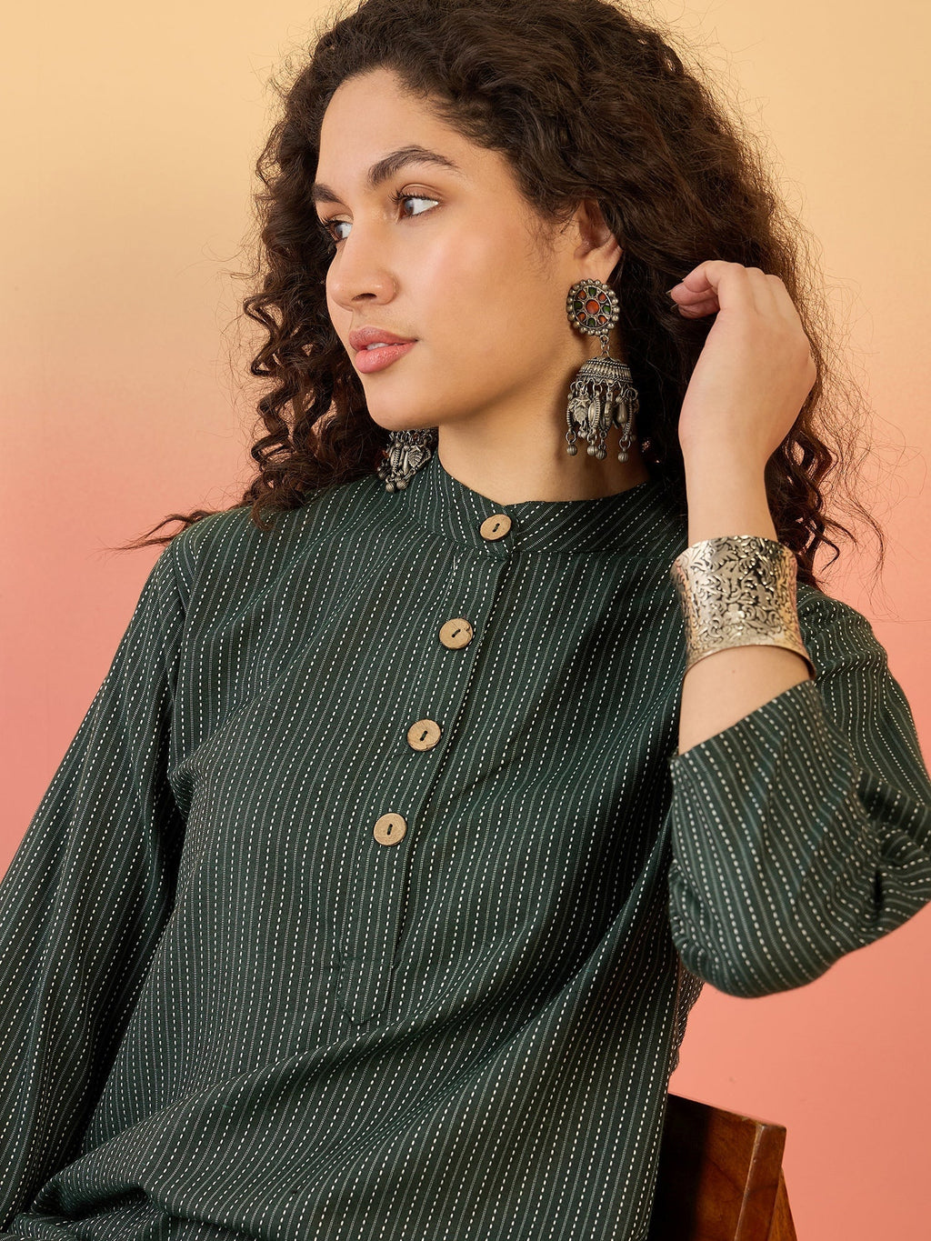 InWeave Dark Green Kantha Mandarin Button Dress