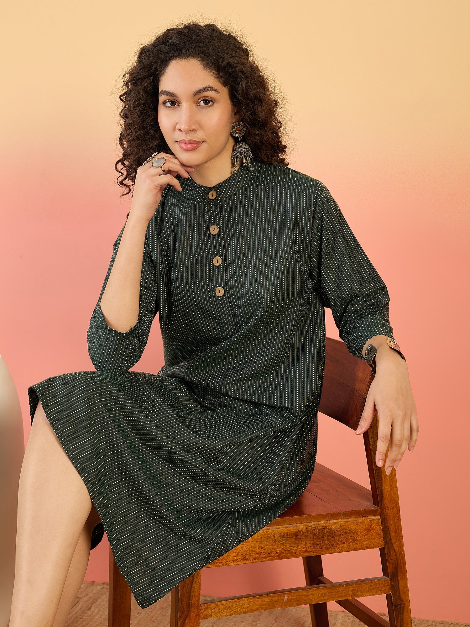 InWeave Dark Green Kantha Mandarin Button Dress