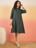 InWeave Dark Green Kantha Mandarin Button Dress