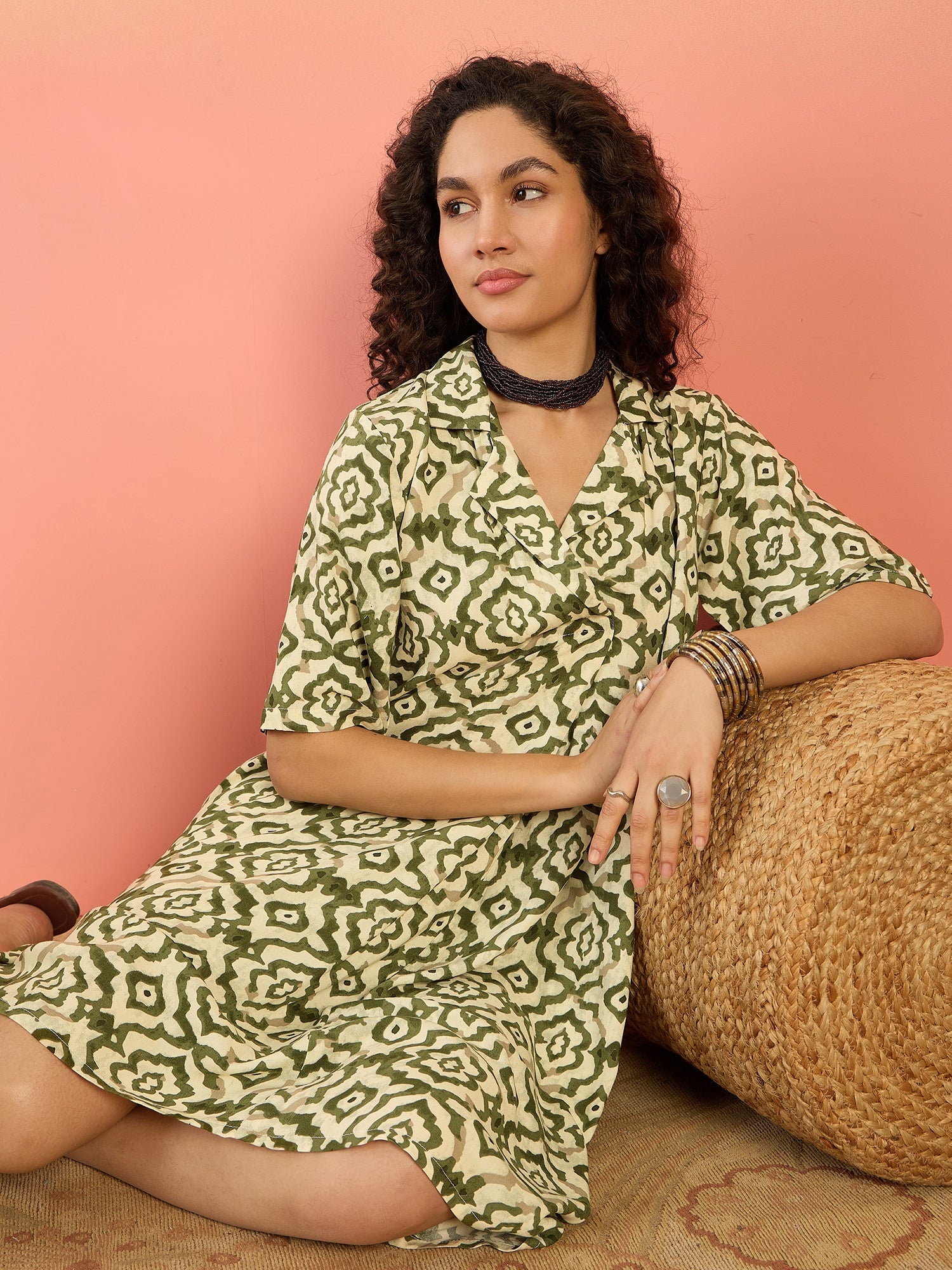 InWeave Mehandi Green Moroccan Collar Dress