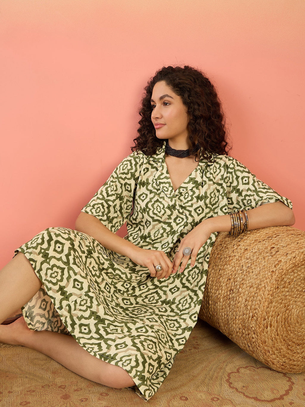 InWeave Mehandi Green Moroccan Collar Dress