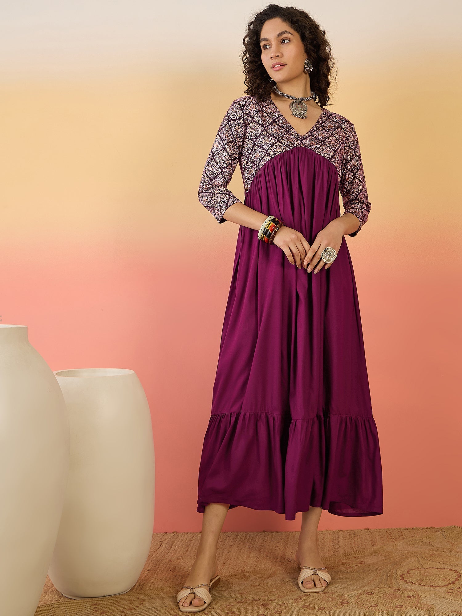 InWeave Wine Ogee Foil V Neck Teared Dress