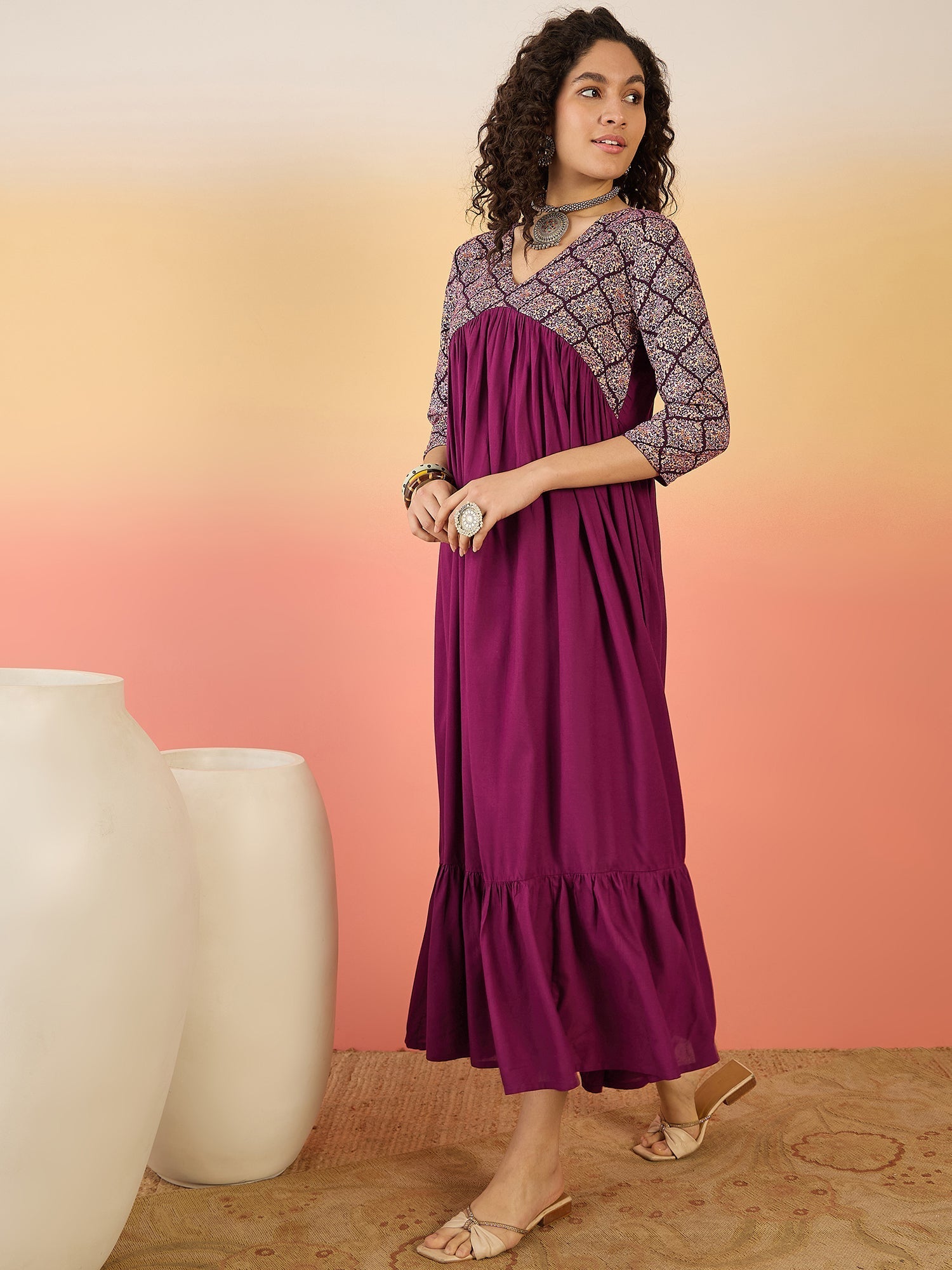 InWeave Wine Ogee Foil V Neck Teared Dress