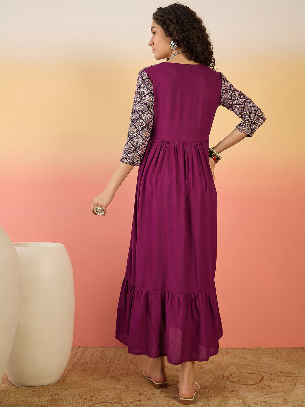 InWeave Wine Ogee Foil V Neck Teared Dress