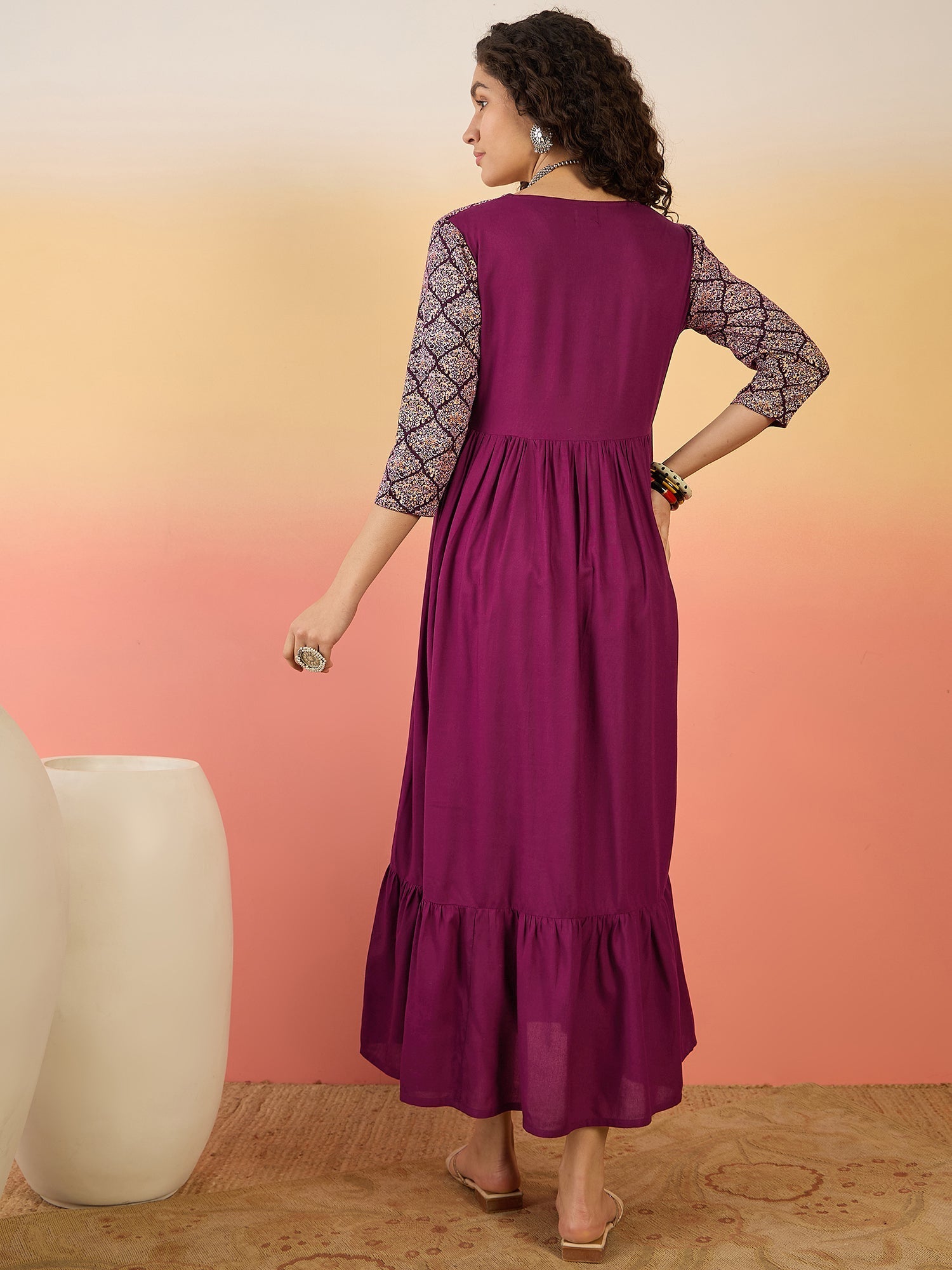 InWeave Wine Ogee Foil V Neck Teared Dress
