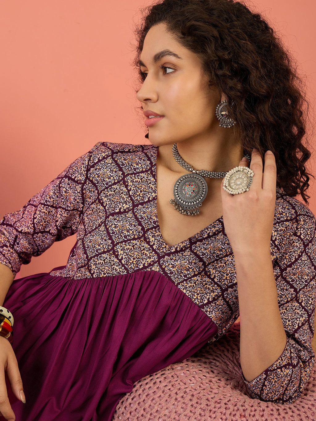InWeave Wine Ogee Foil V Neck Teared Dress