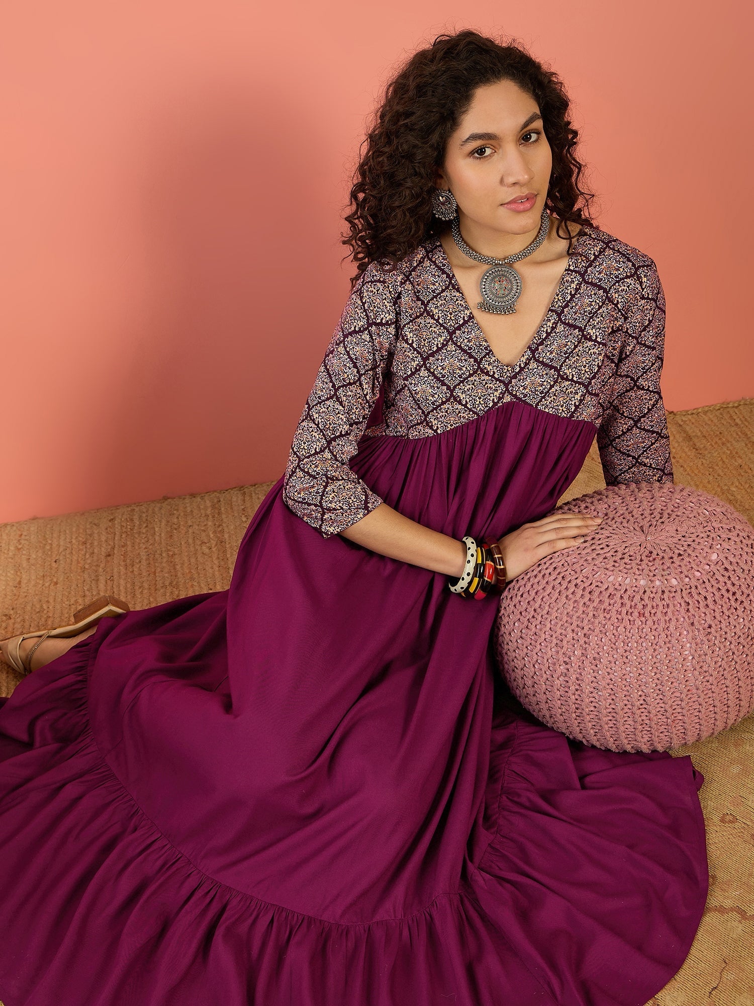 InWeave Wine Ogee Foil V Neck Teared Dress