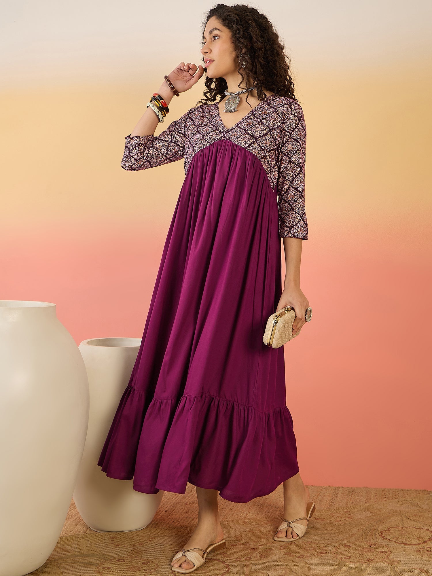 InWeave Wine Ogee Foil V Neck Teared Dress
