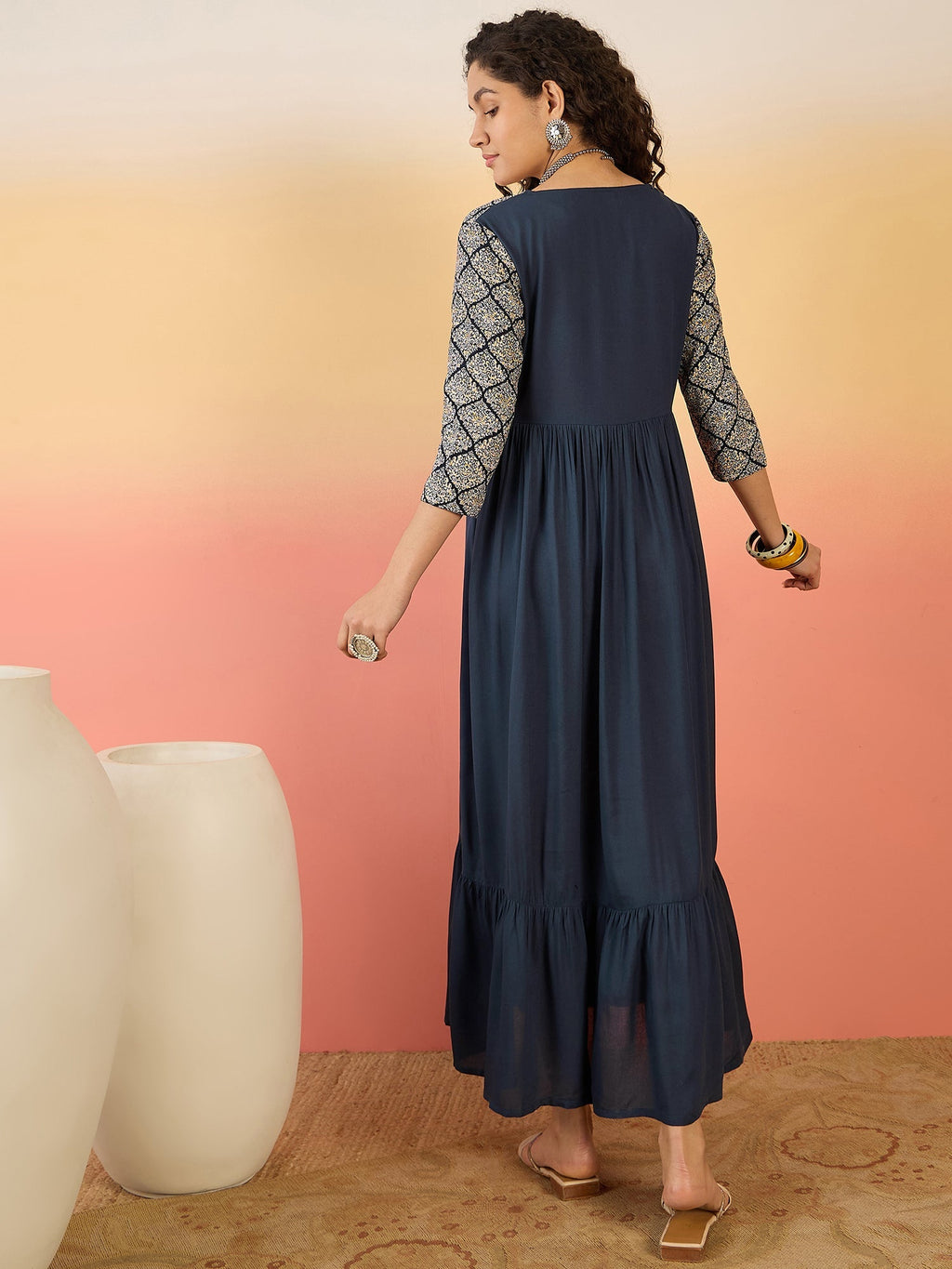 InWeave Navy Ogee Foil V Neck Teared Dress