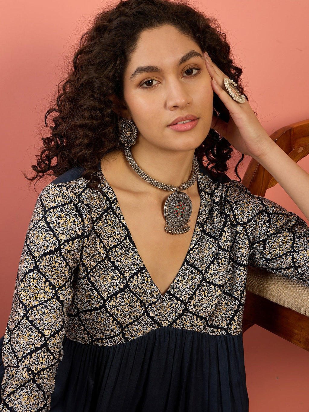 InWeave Navy Ogee Foil V Neck Teared Dress