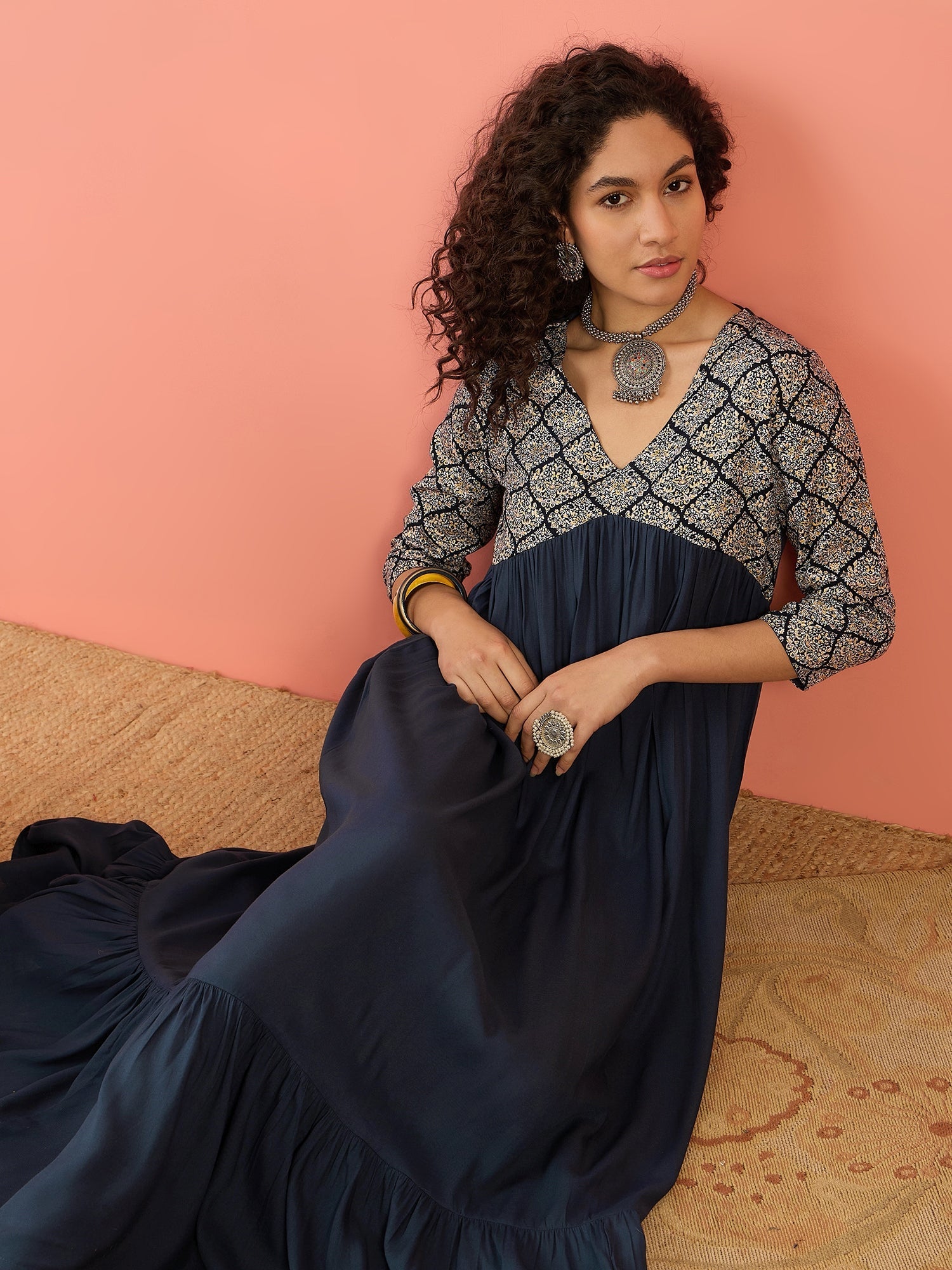 InWeave Navy Ogee Foil V Neck Teared Dress