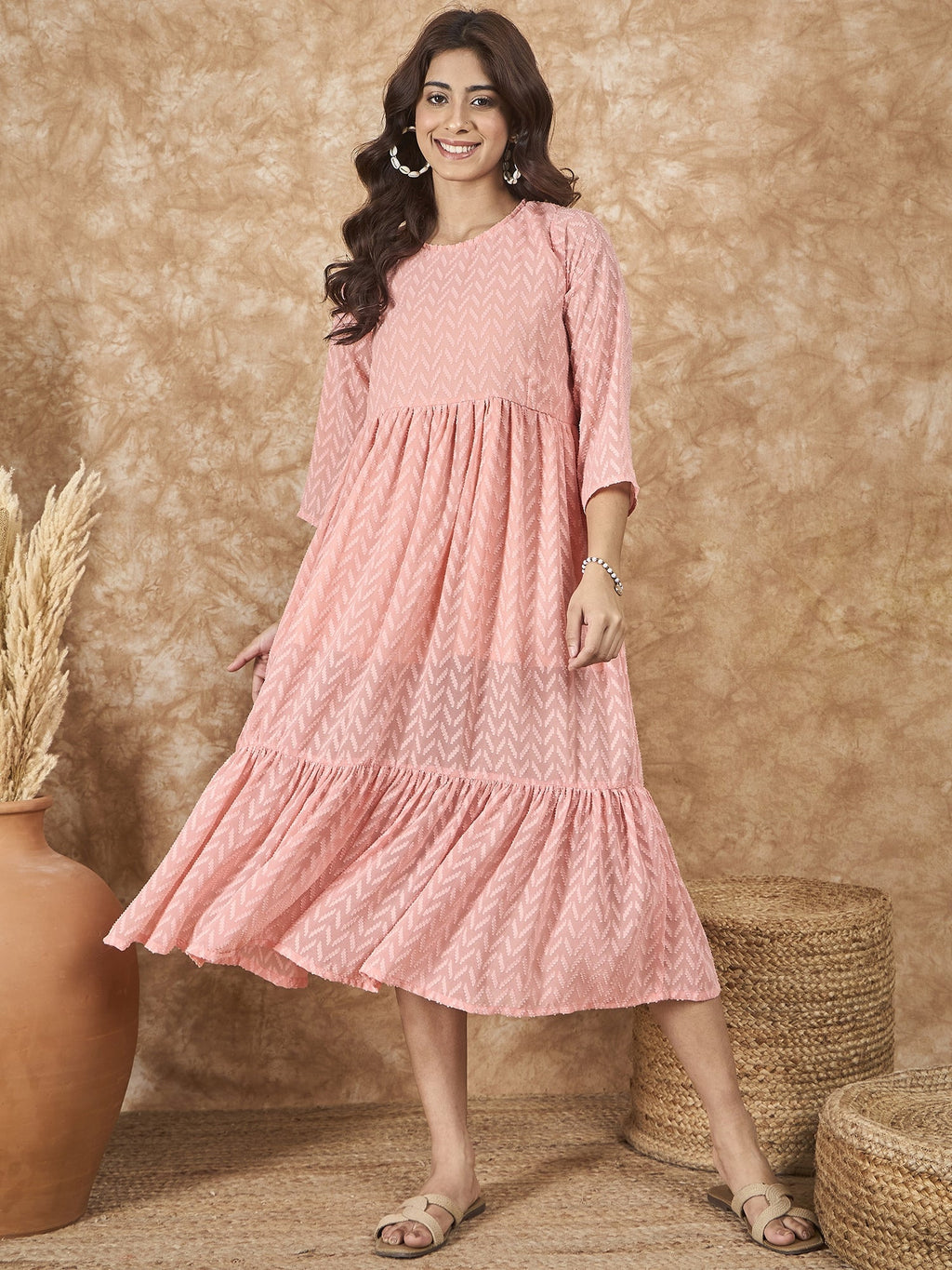 InWeave Peach Georgette R Neck Dress