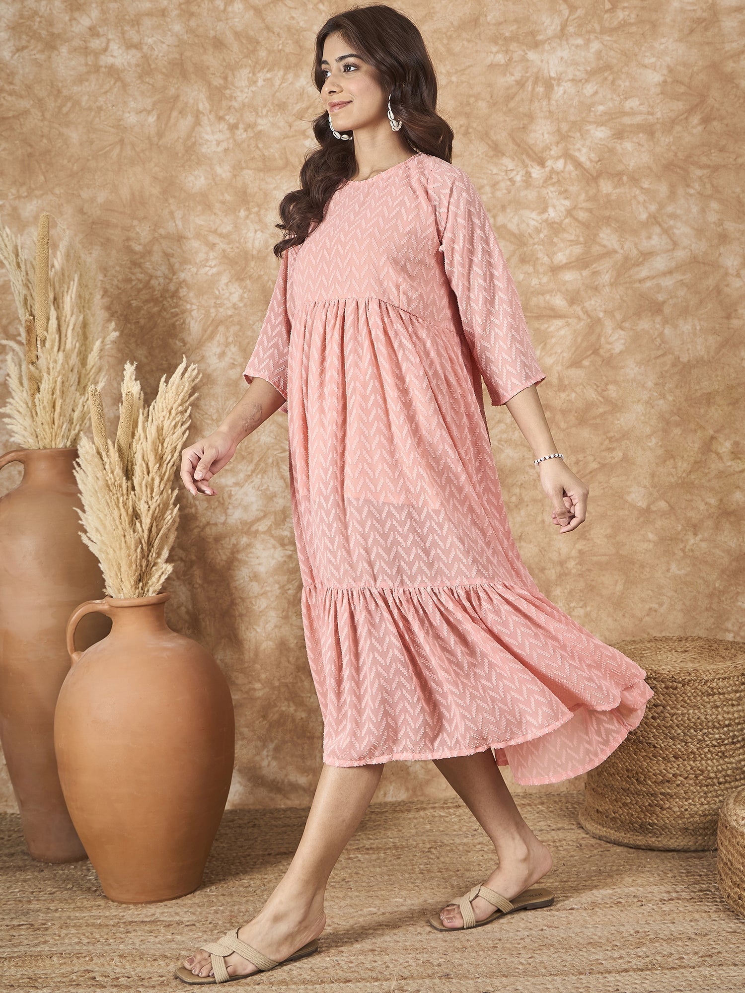 InWeave Peach Georgette R Neck Dress
