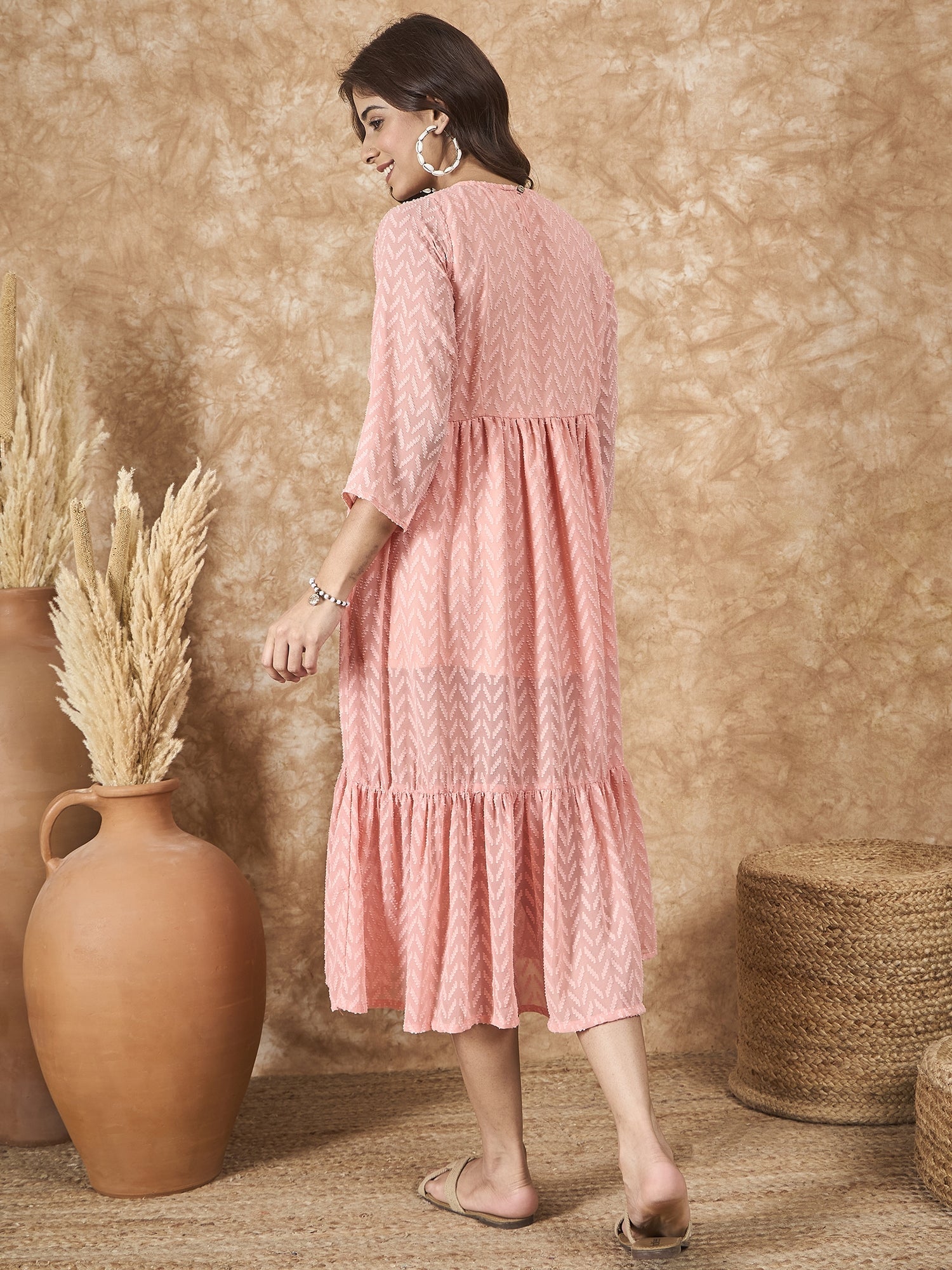 InWeave Peach Georgette R Neck Dress
