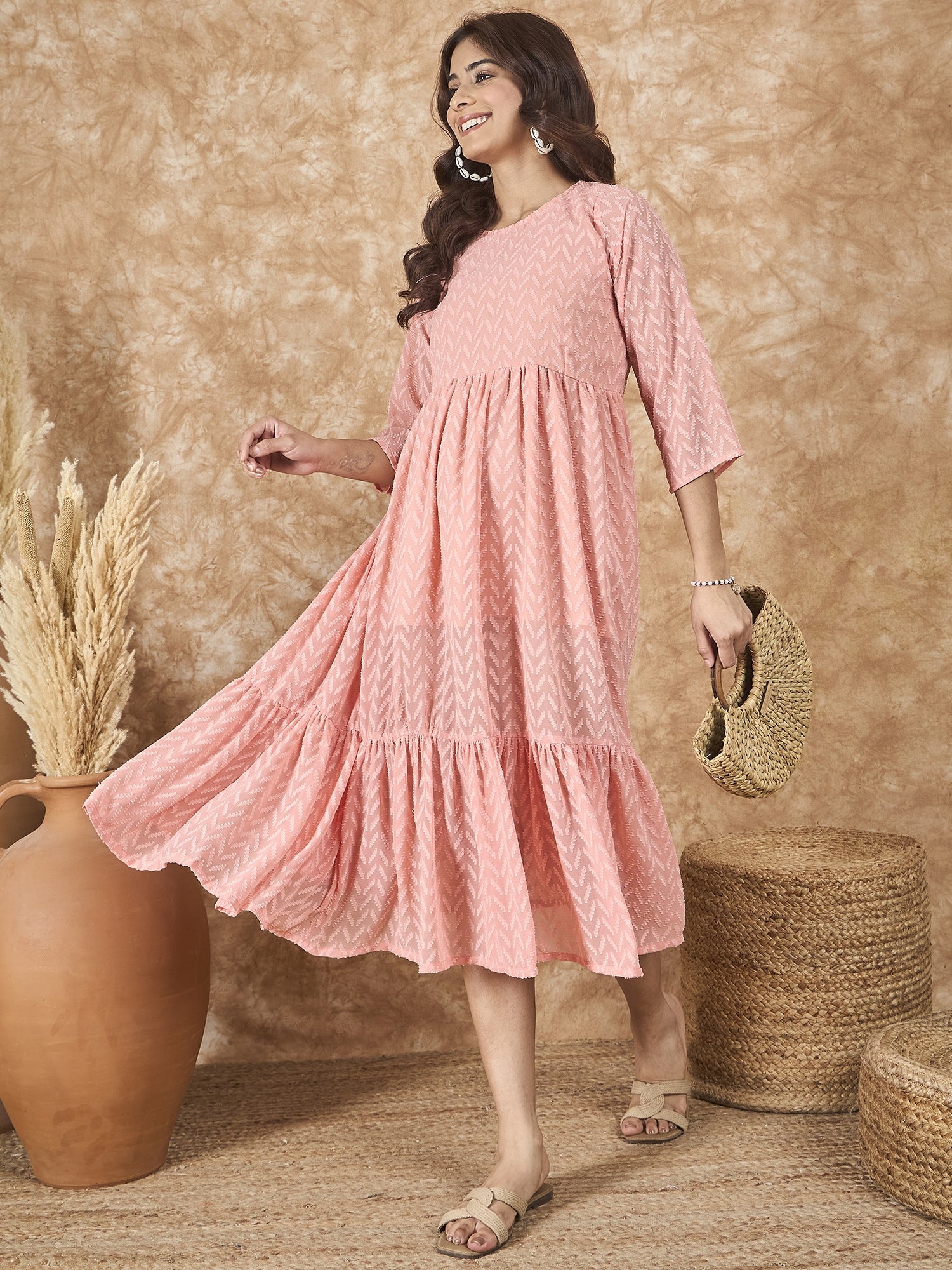 InWeave Peach Georgette R Neck Dress
