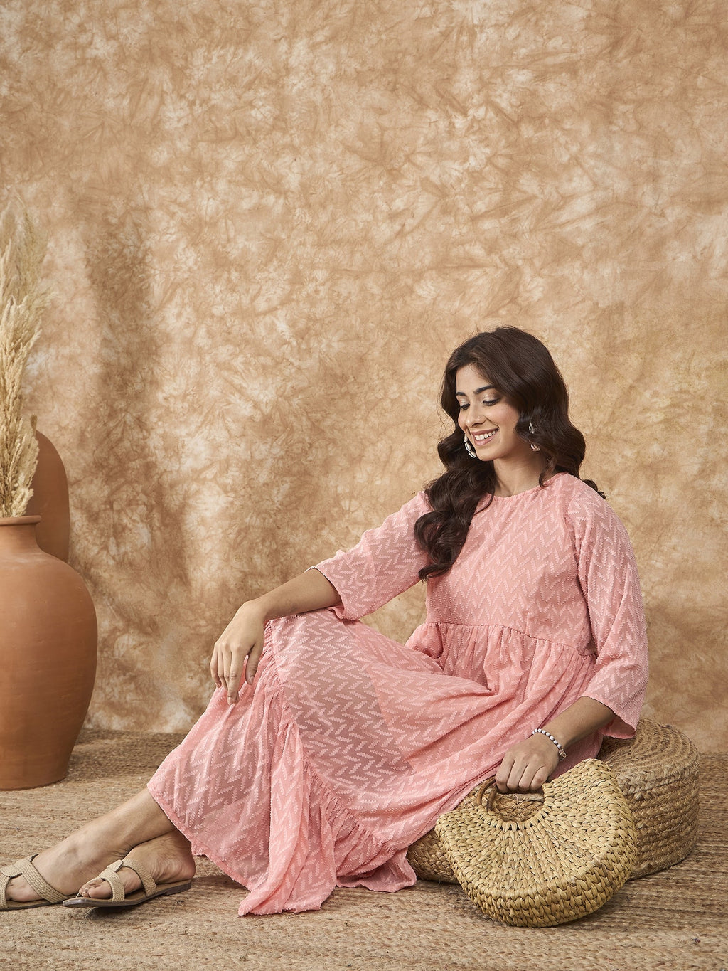 InWeave Peach Georgette R Neck Dress