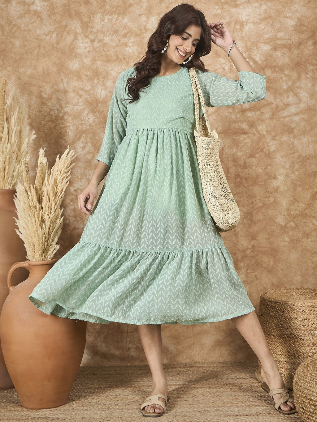 InWeave Mint Green Georgette R Neck Dress
