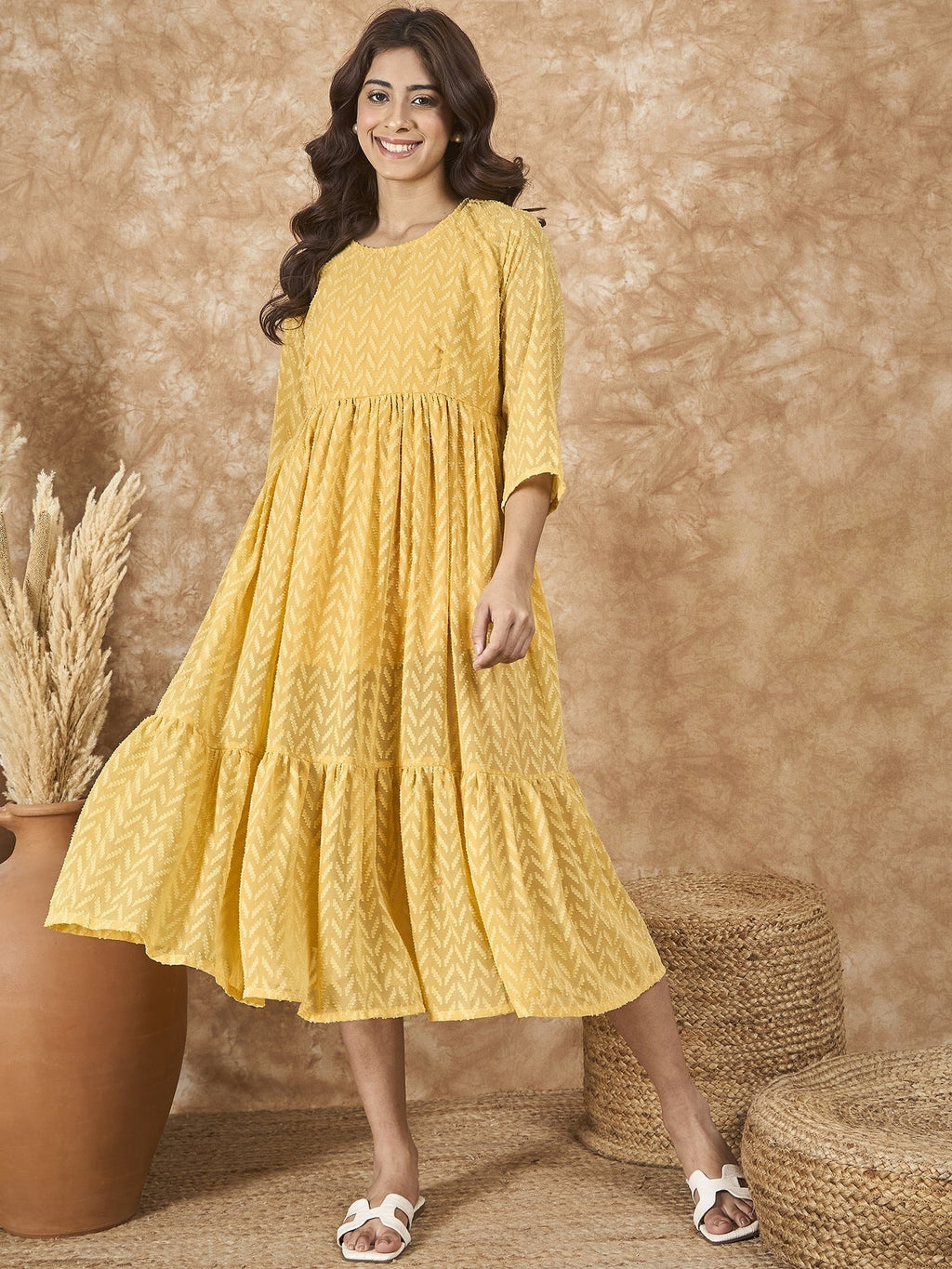 InWeave Yellow Georgette R Neck Dress