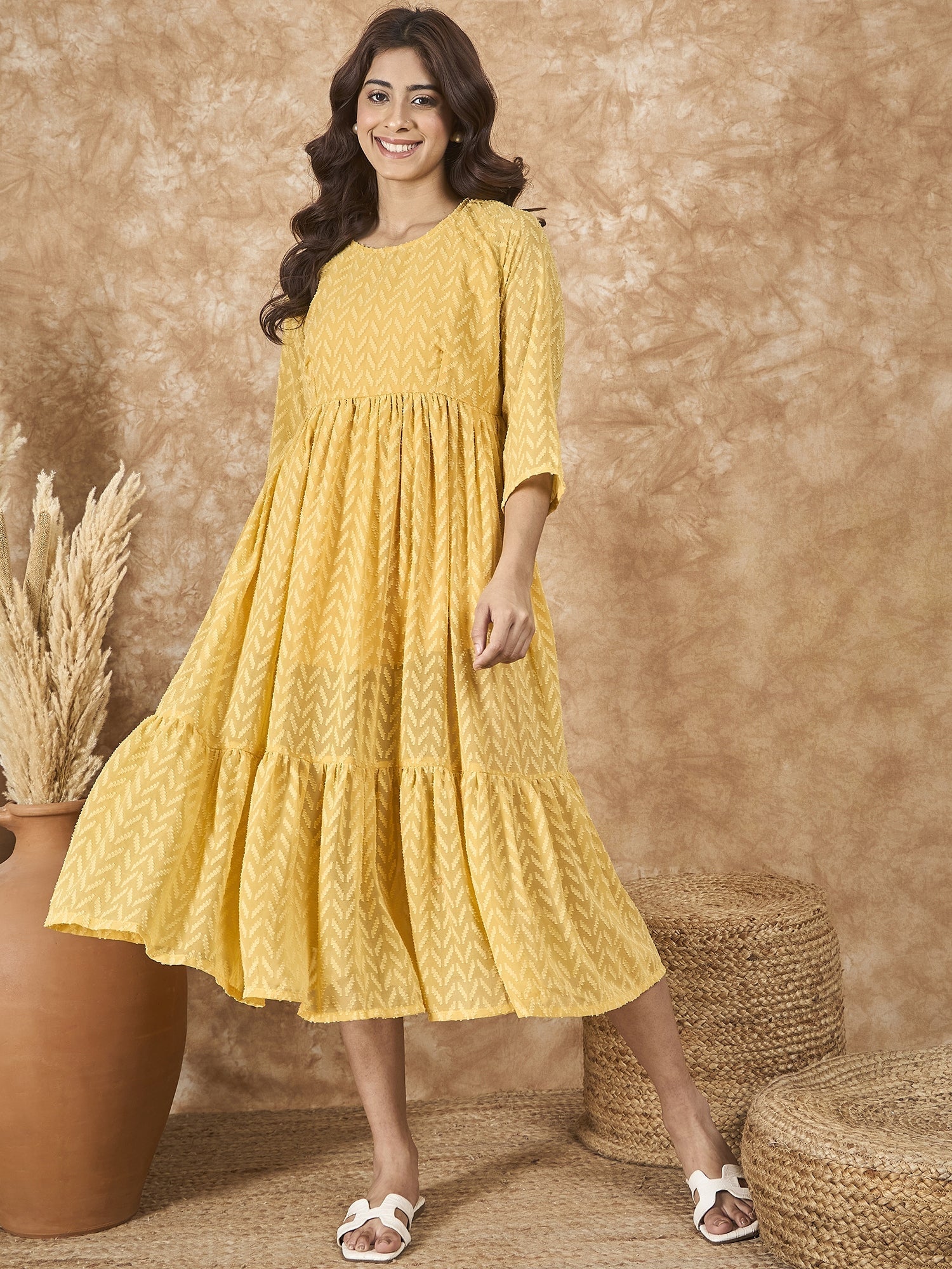 InWeave Yellow Georgette R Neck Dress