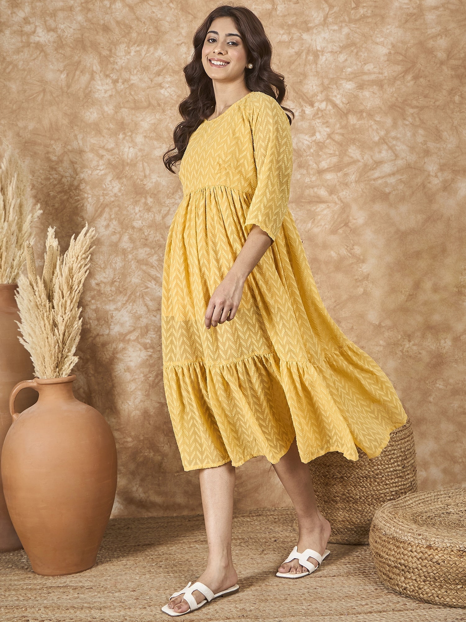 InWeave Yellow Georgette R Neck Dress