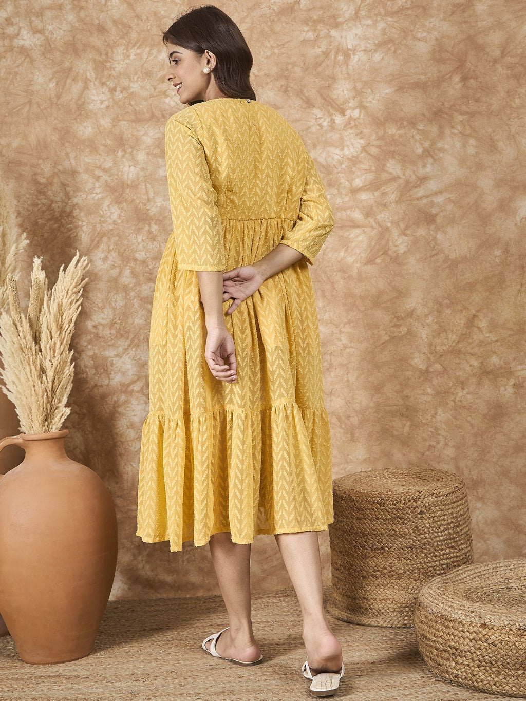 InWeave Yellow Georgette R Neck Dress
