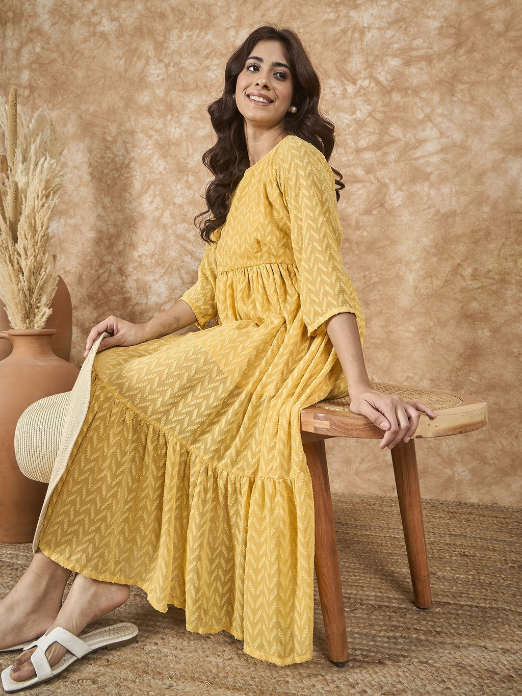 InWeave Yellow Georgette R Neck Dress