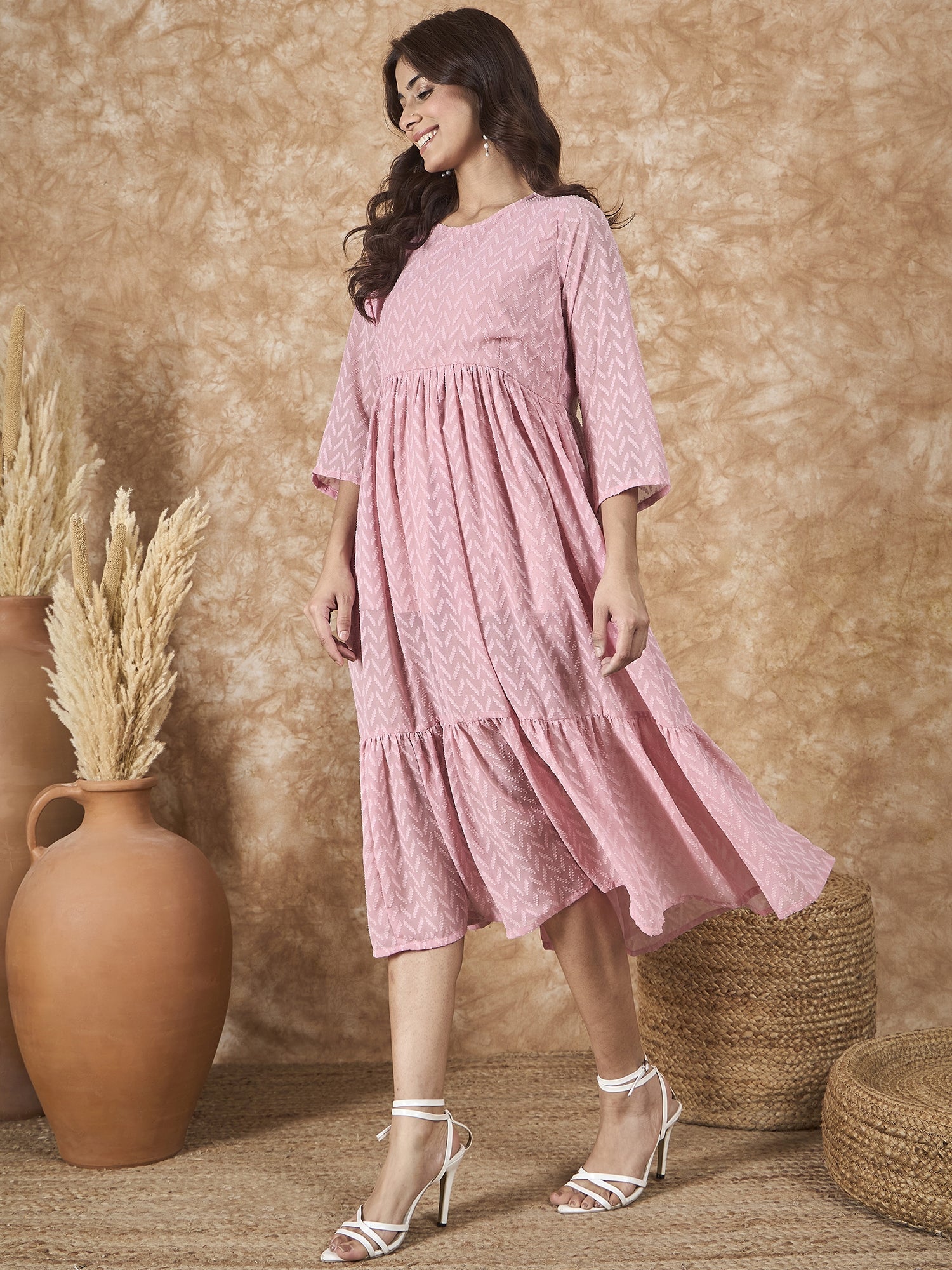 InWeave Light Pink Georgette R Neck Dress