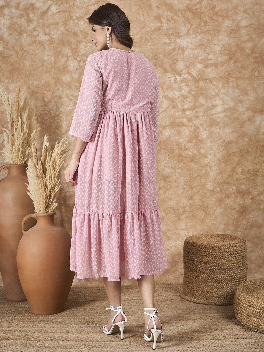 InWeave Light Pink Georgette R Neck Dress