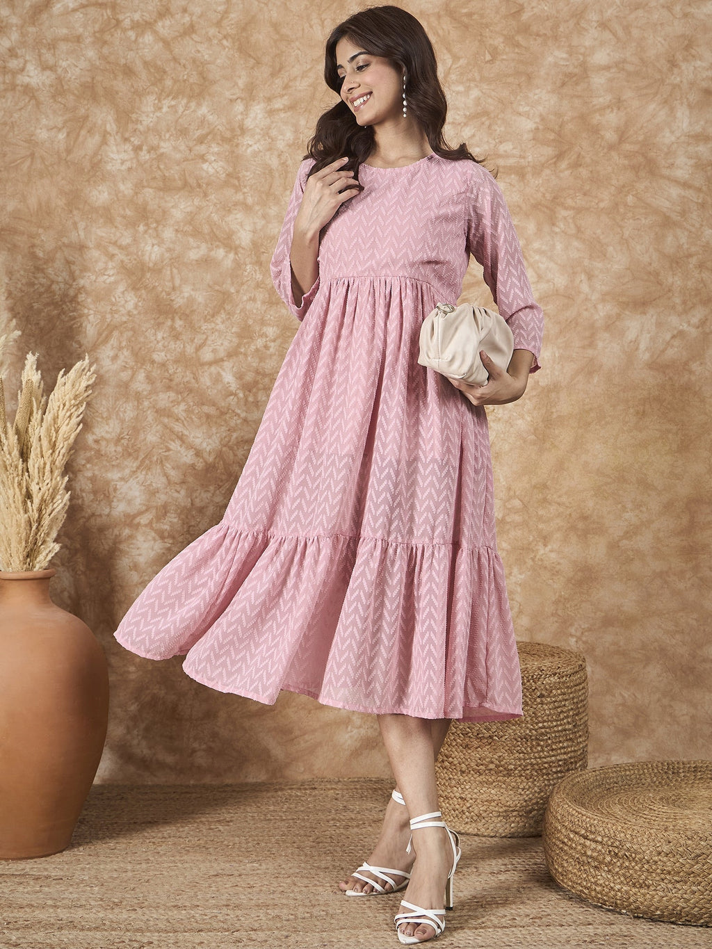 InWeave Light Pink Georgette R Neck Dress