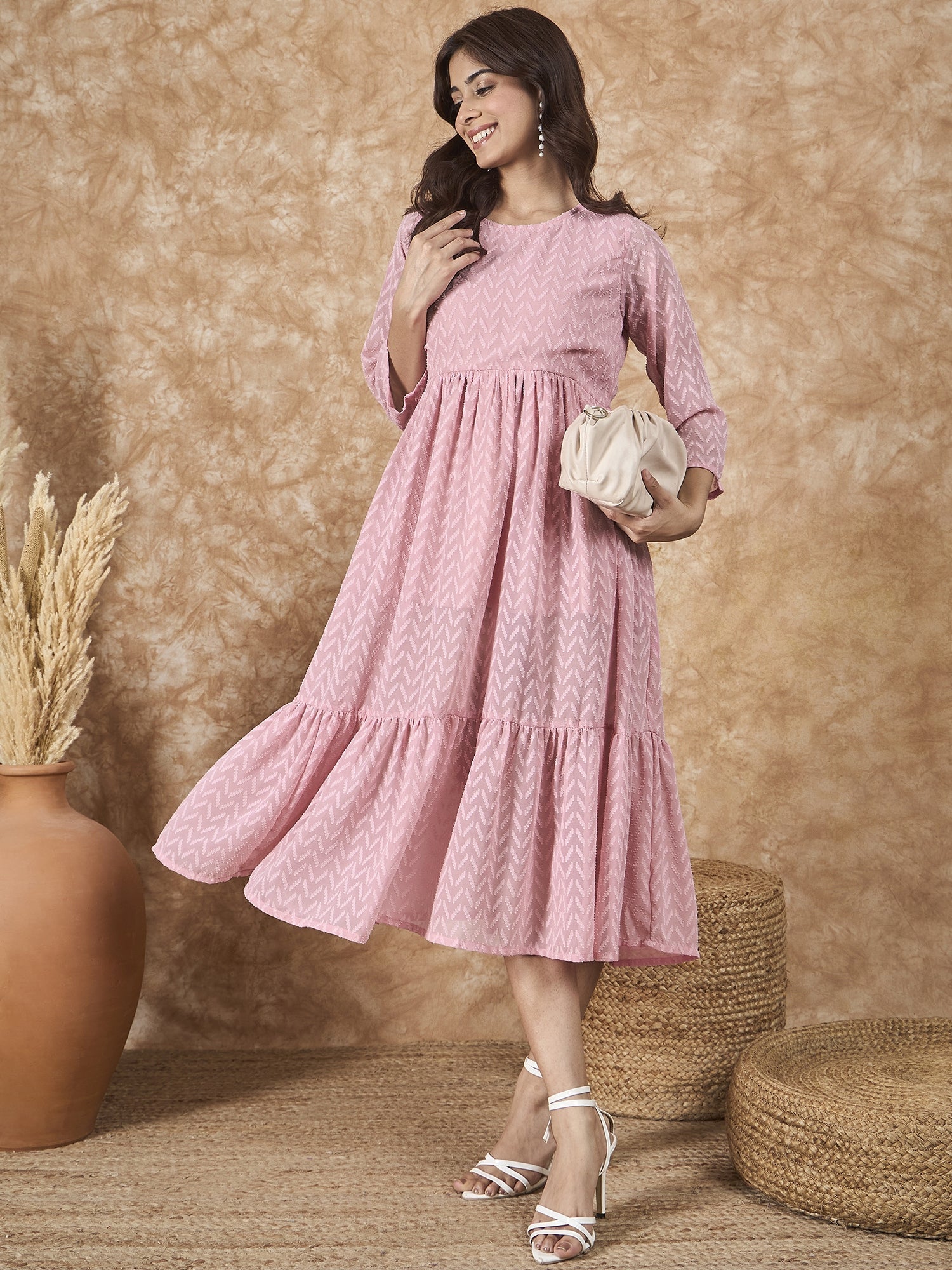 InWeave Light Pink Georgette R Neck Dress