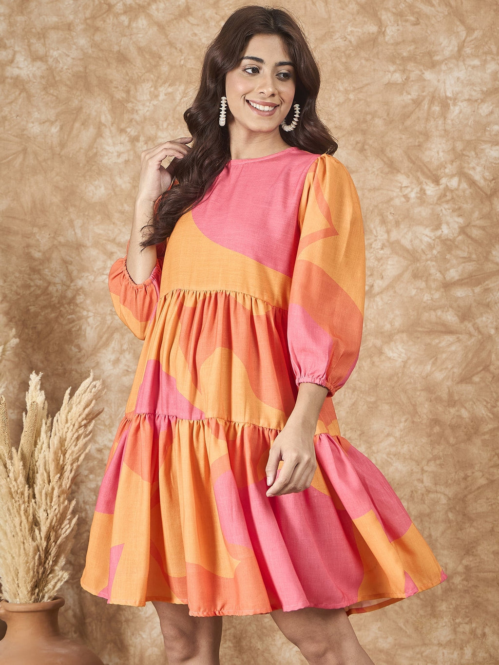 InWeave Peach Orange Print Short Dress