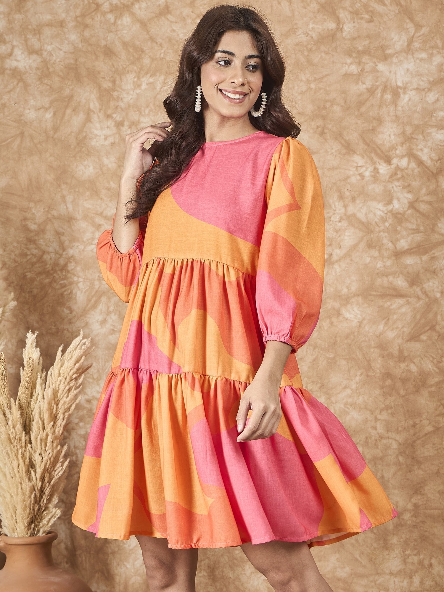 InWeave Peach Orange Print Short Dress