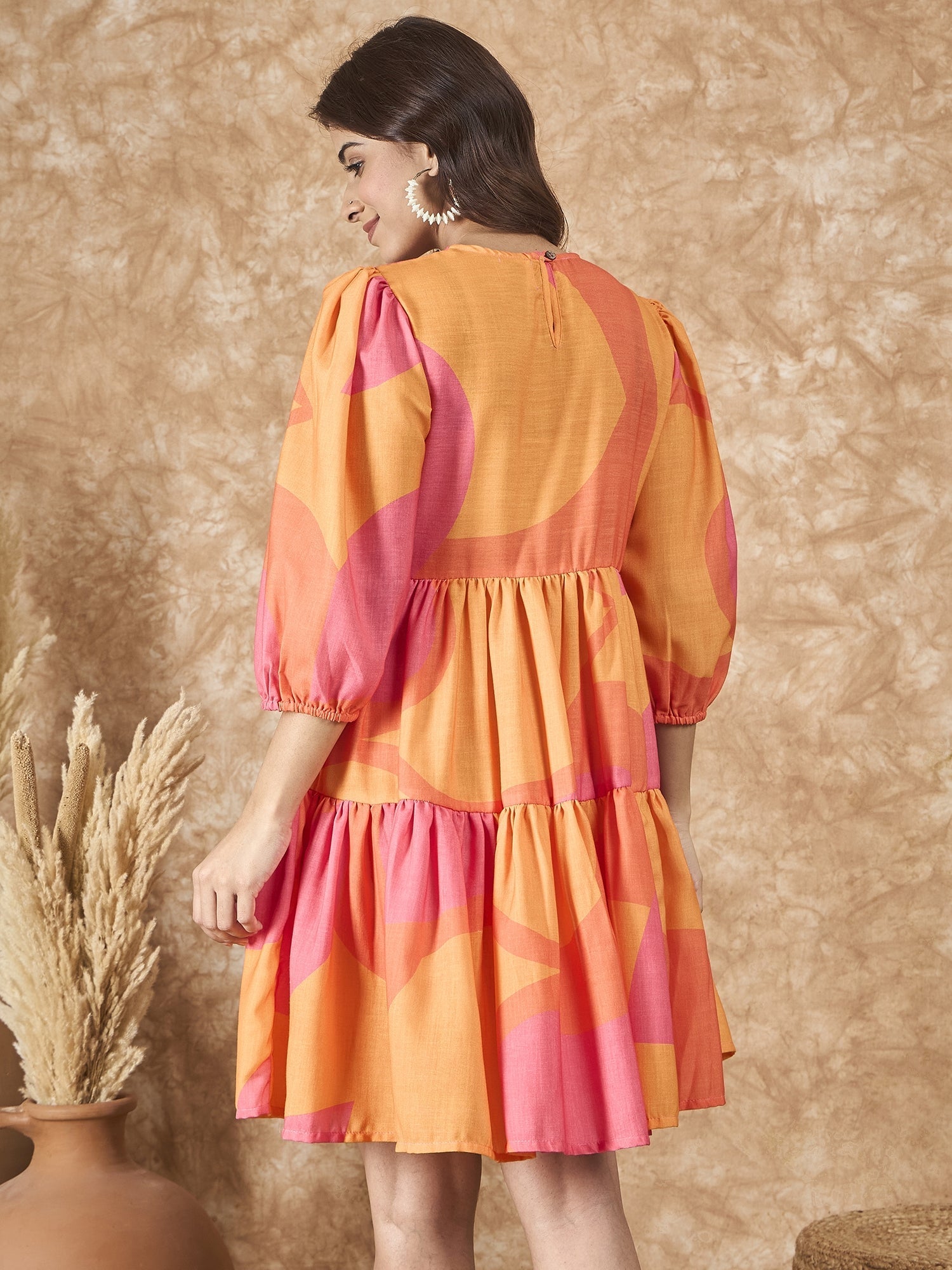 InWeave Peach Orange Print Short Dress