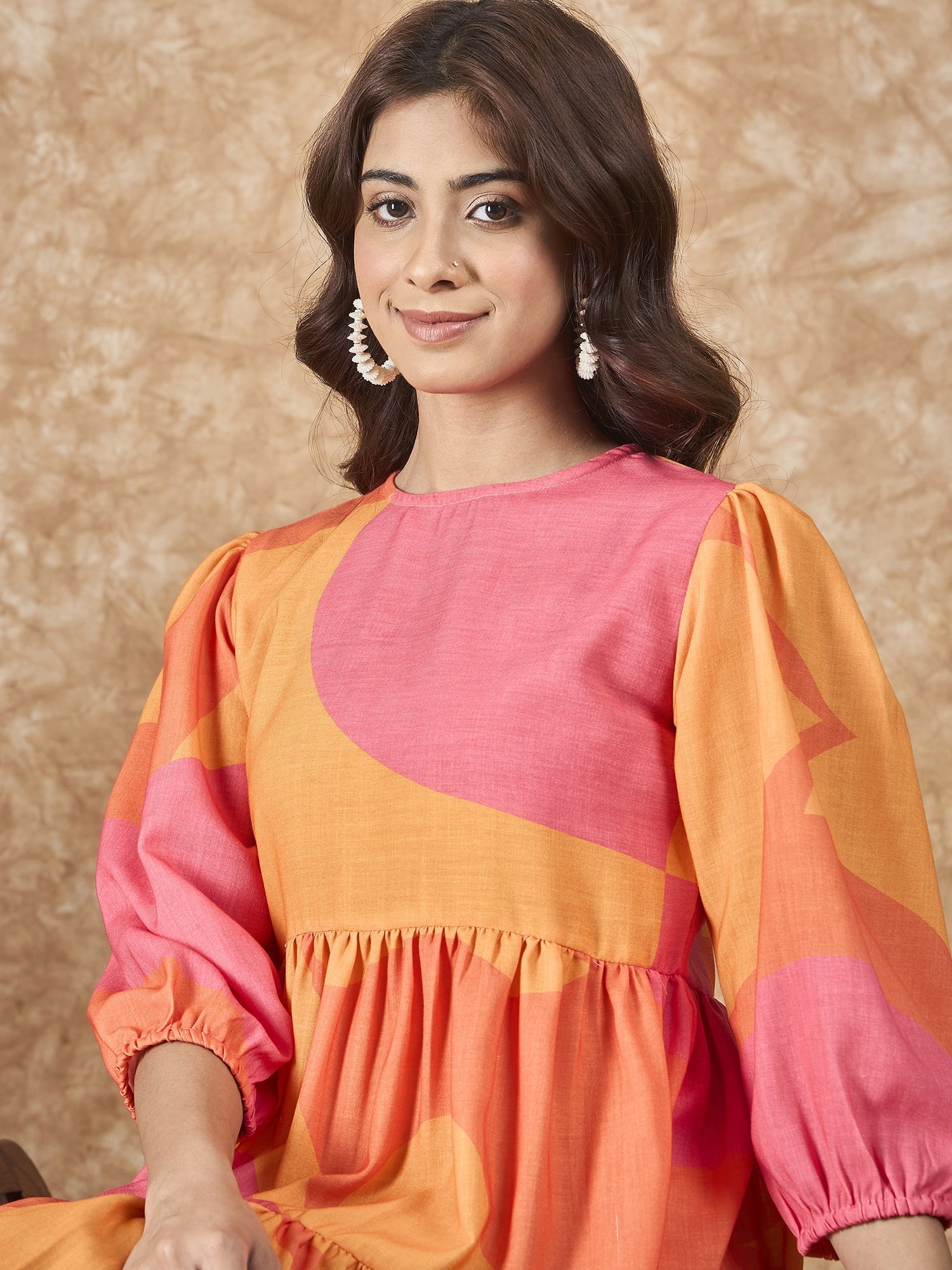 InWeave Peach Orange Print Short Dress