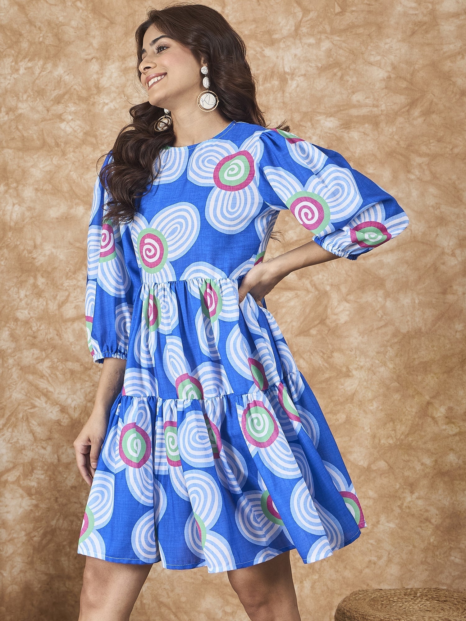 InWeave Blue White Flower Short Dress