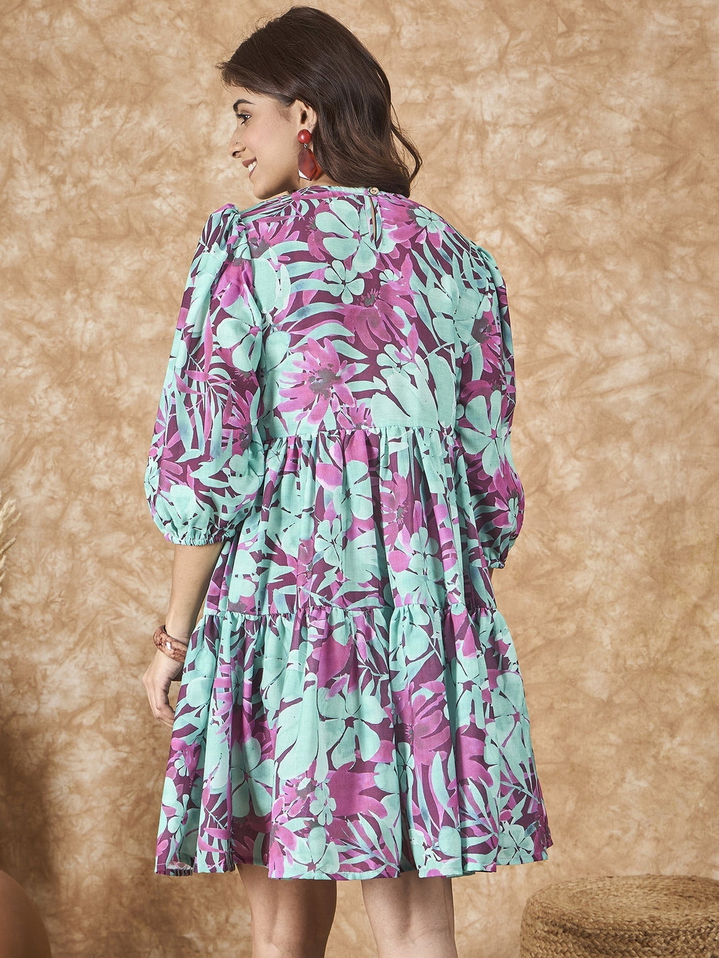 InWeave Green Purple Print Short Dress