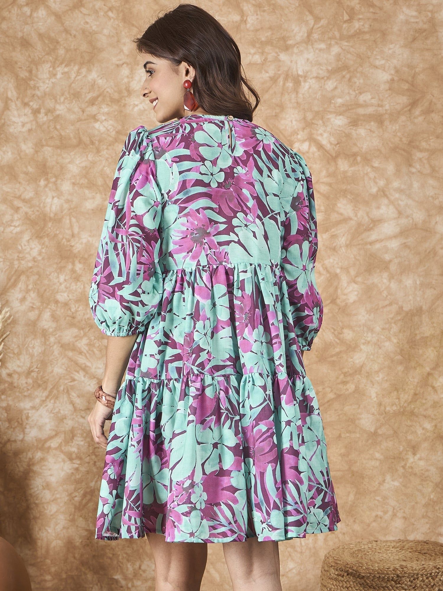 InWeave Green Purple Print Short Dress