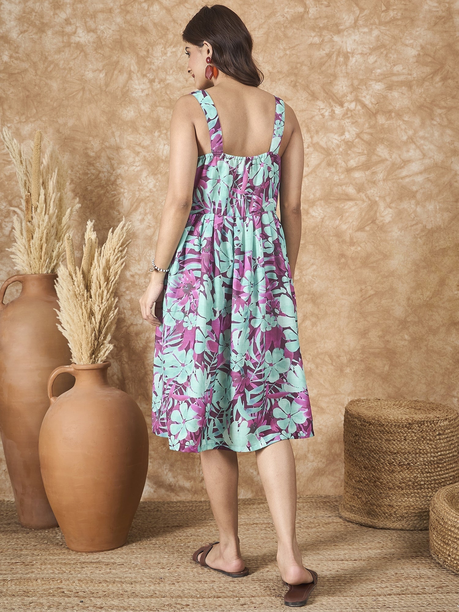 InWeave Green Purple Print Sweetheart Dress