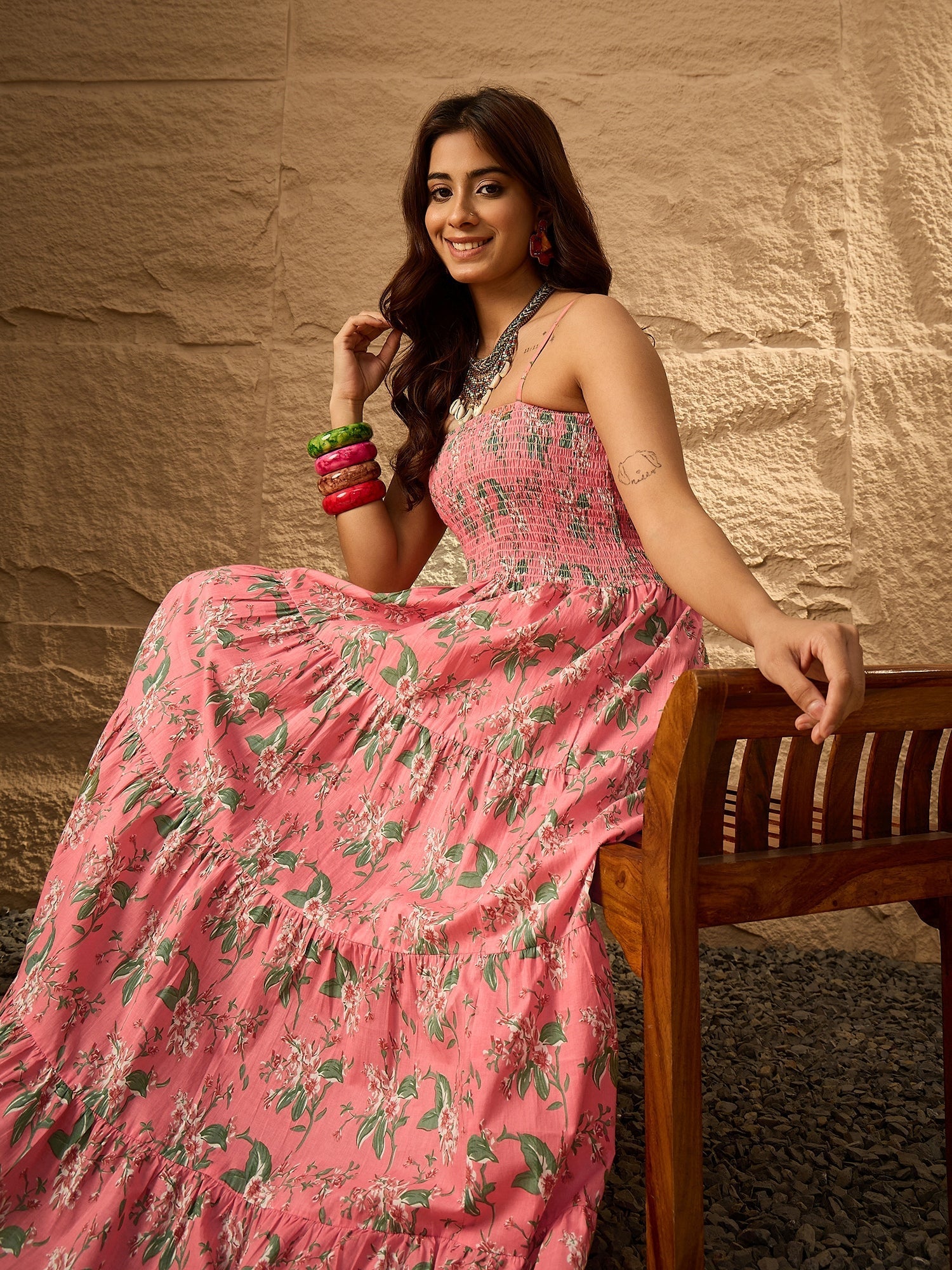 InWeave Peach Floral Print Tiered Dress