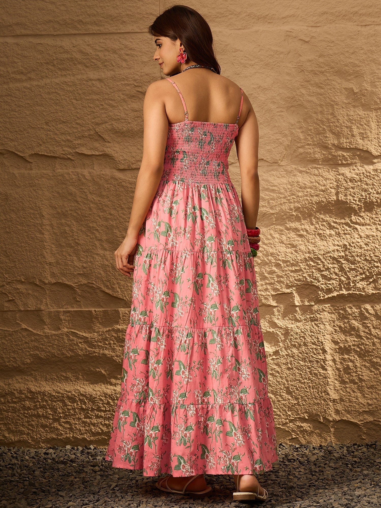 InWeave Peach Floral Print Tiered Dress