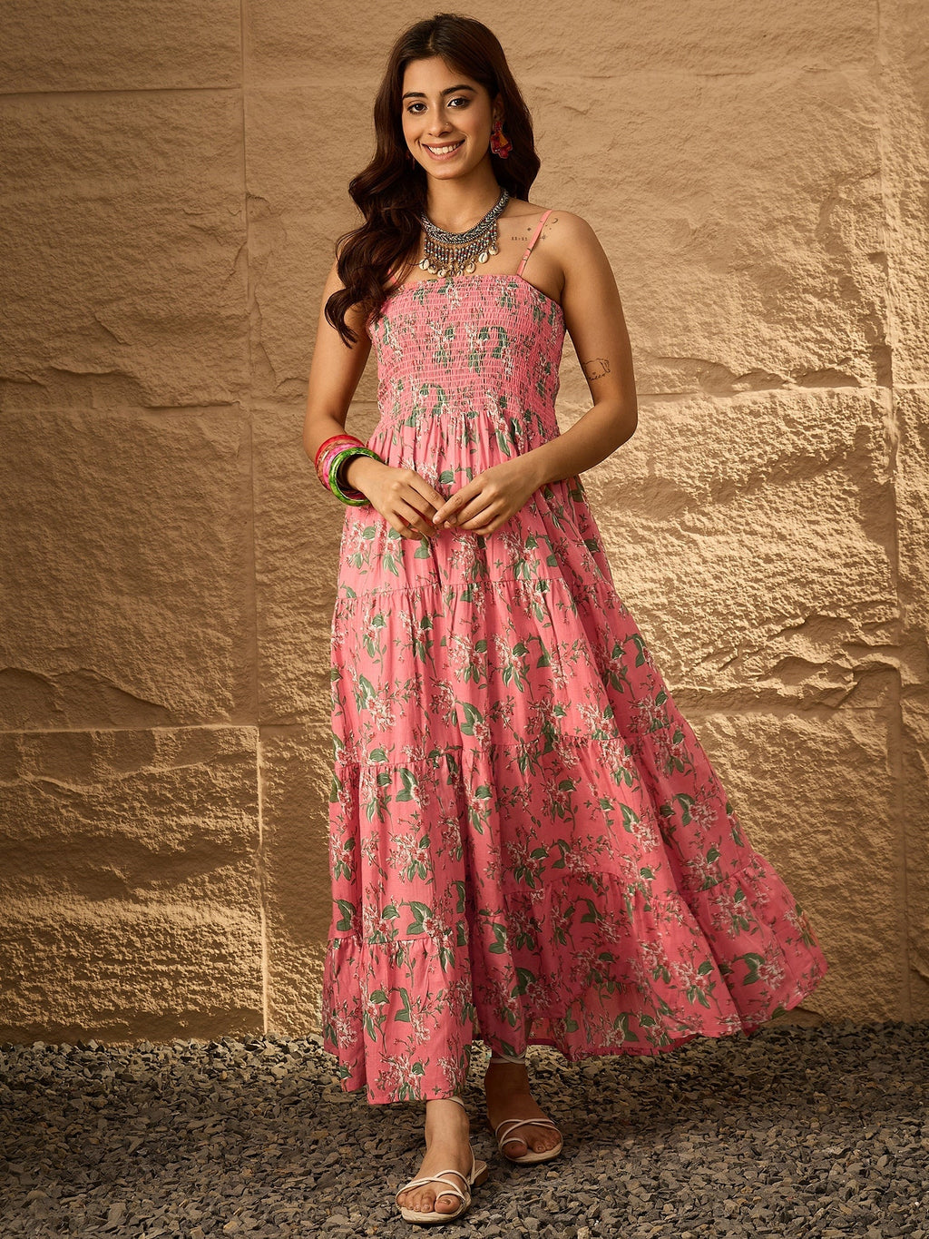 InWeave Peach Floral Print Tiered Dress