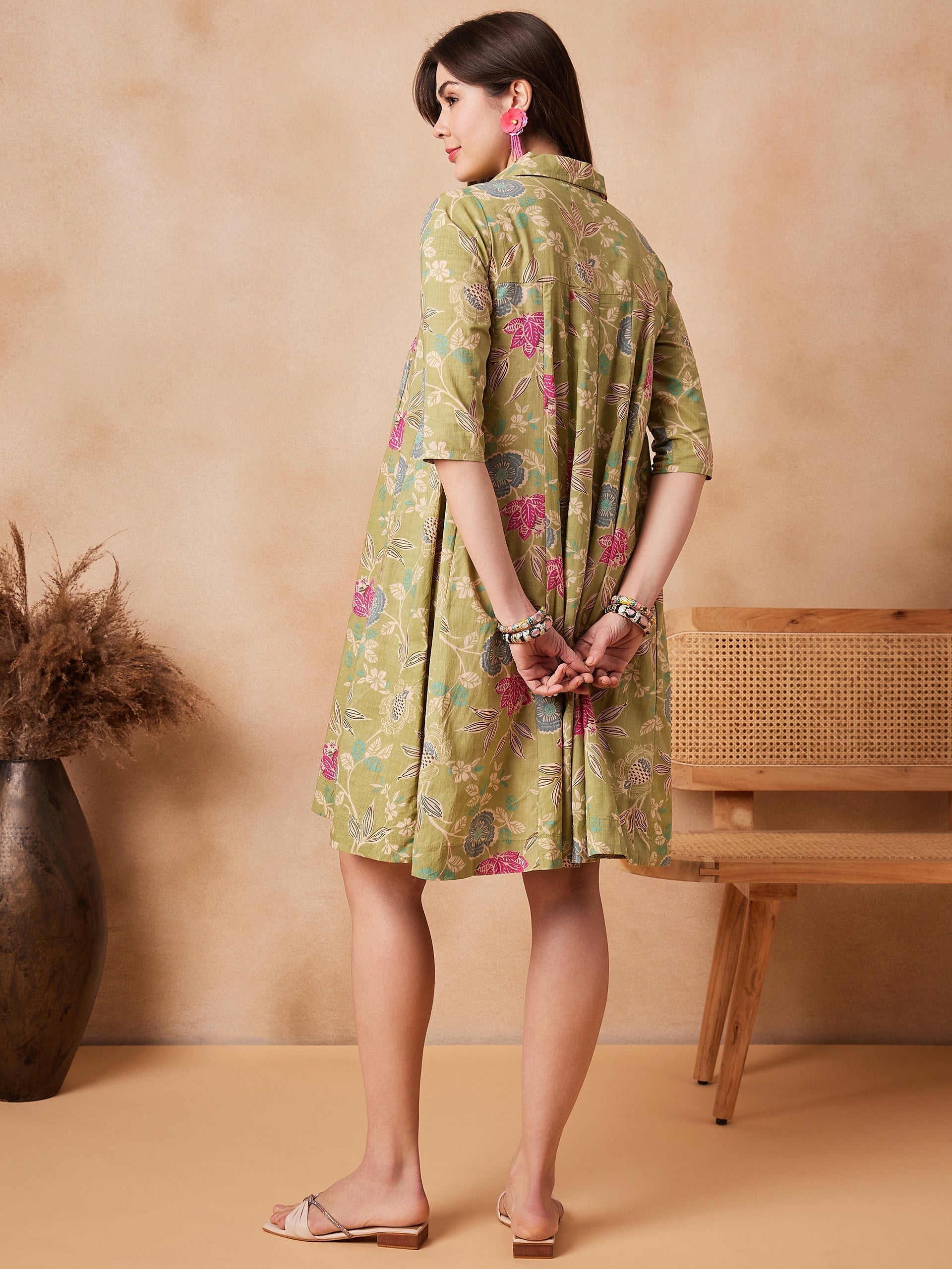 InWeave Light Lime Green Floral Printed Flared Dress