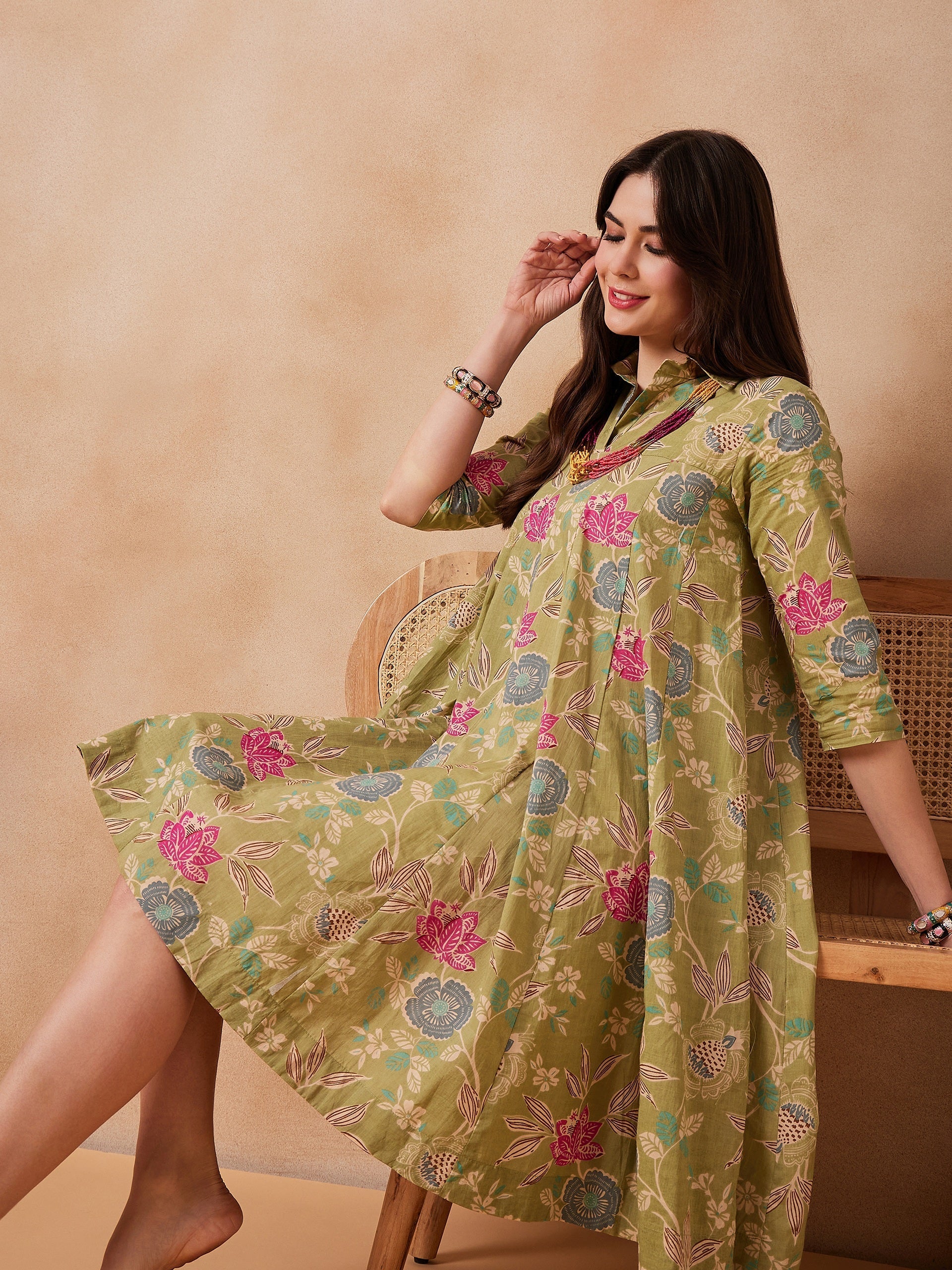 InWeave Light Lime Green Floral Printed Flared Dress