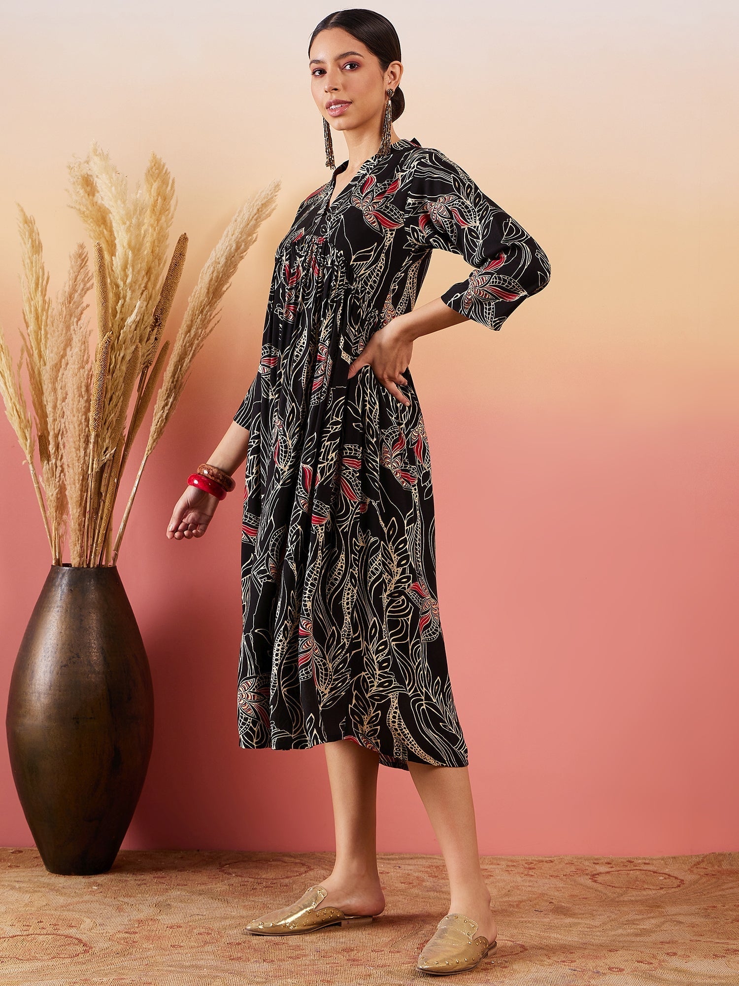 InWeave Black Beige Red Print Deep V Neck Flared Dress
