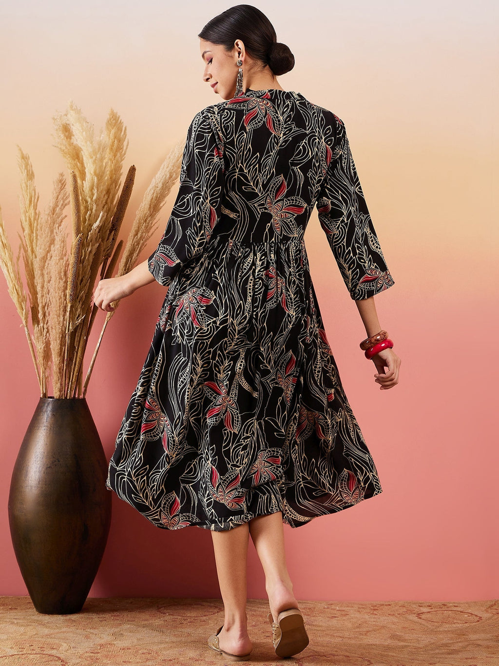 InWeave Black Beige Red Print Deep V Neck Flared Dress