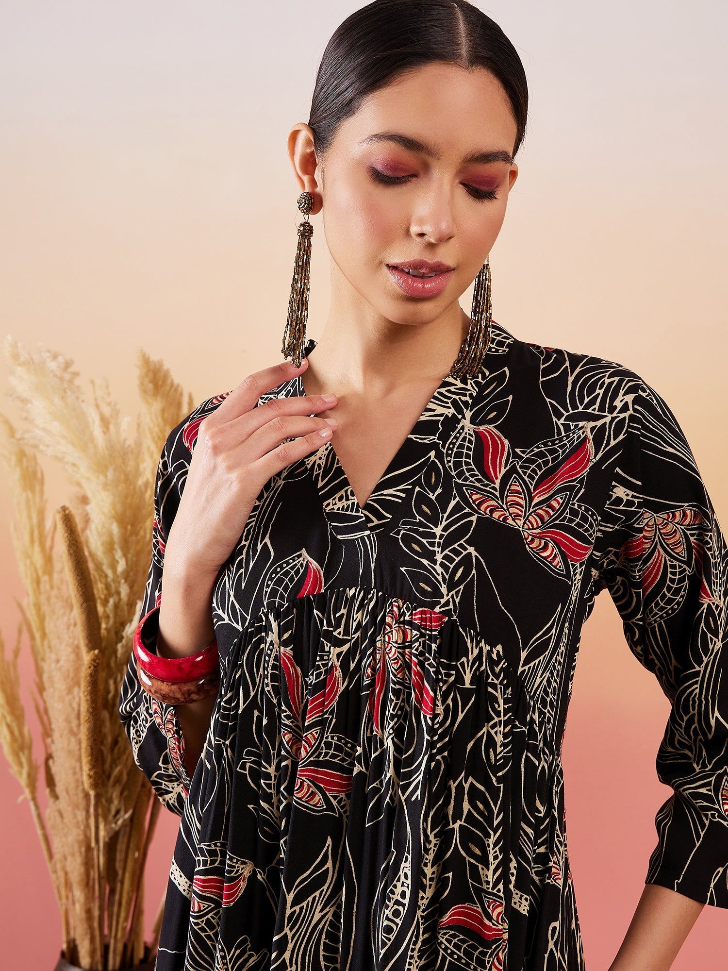InWeave Black Beige Red Print Deep V Neck Flared Dress
