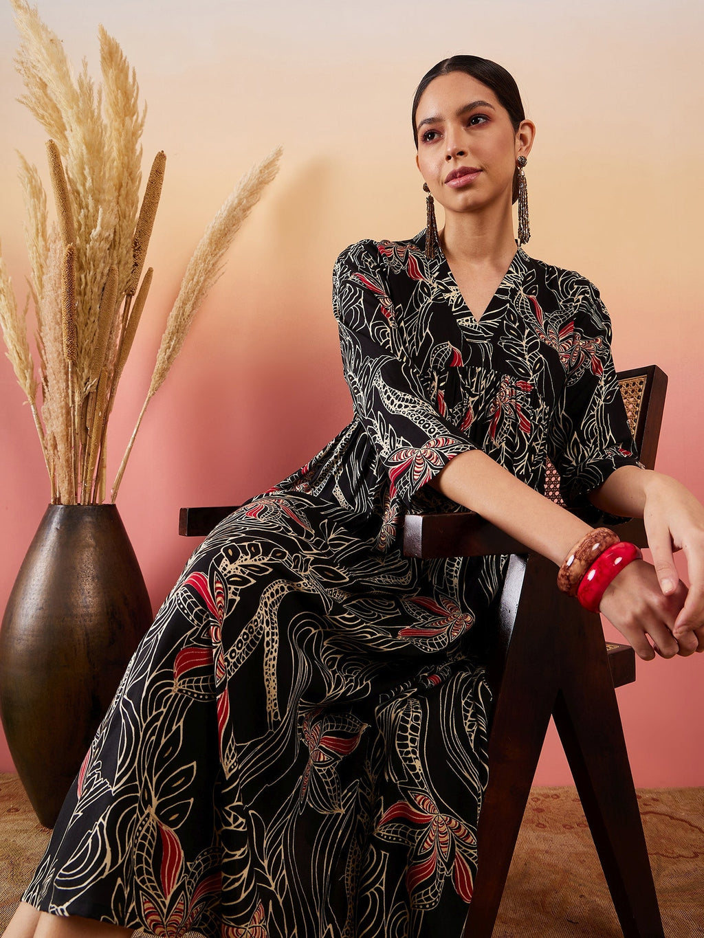 InWeave Black Beige Red Print Deep V Neck Flared Dress