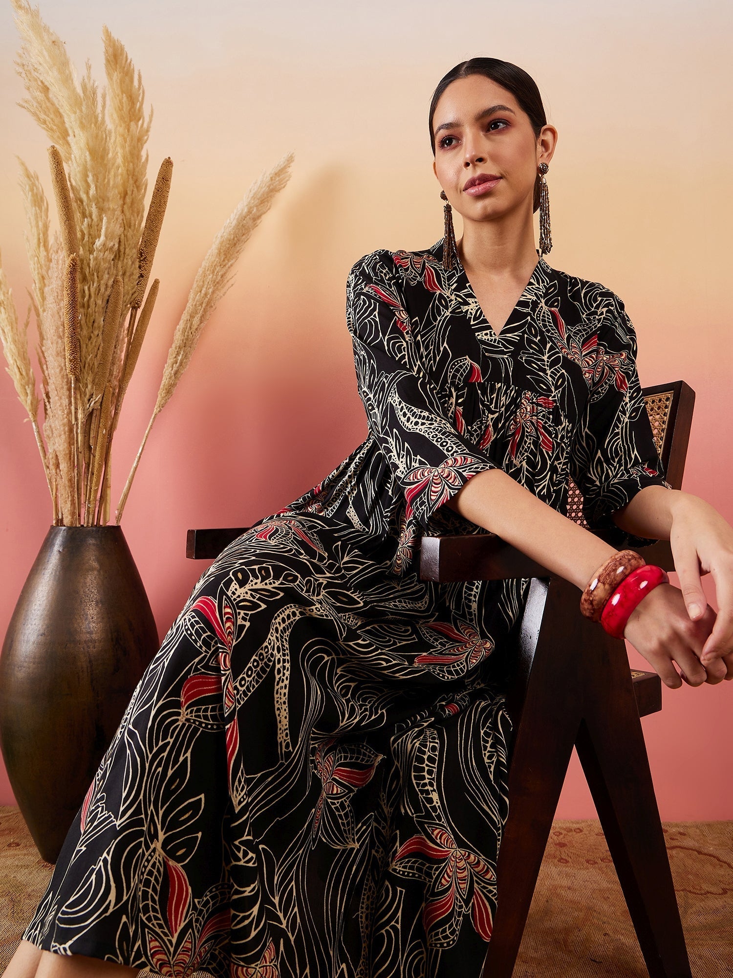 InWeave Black Beige Red Print Deep V Neck Flared Dress